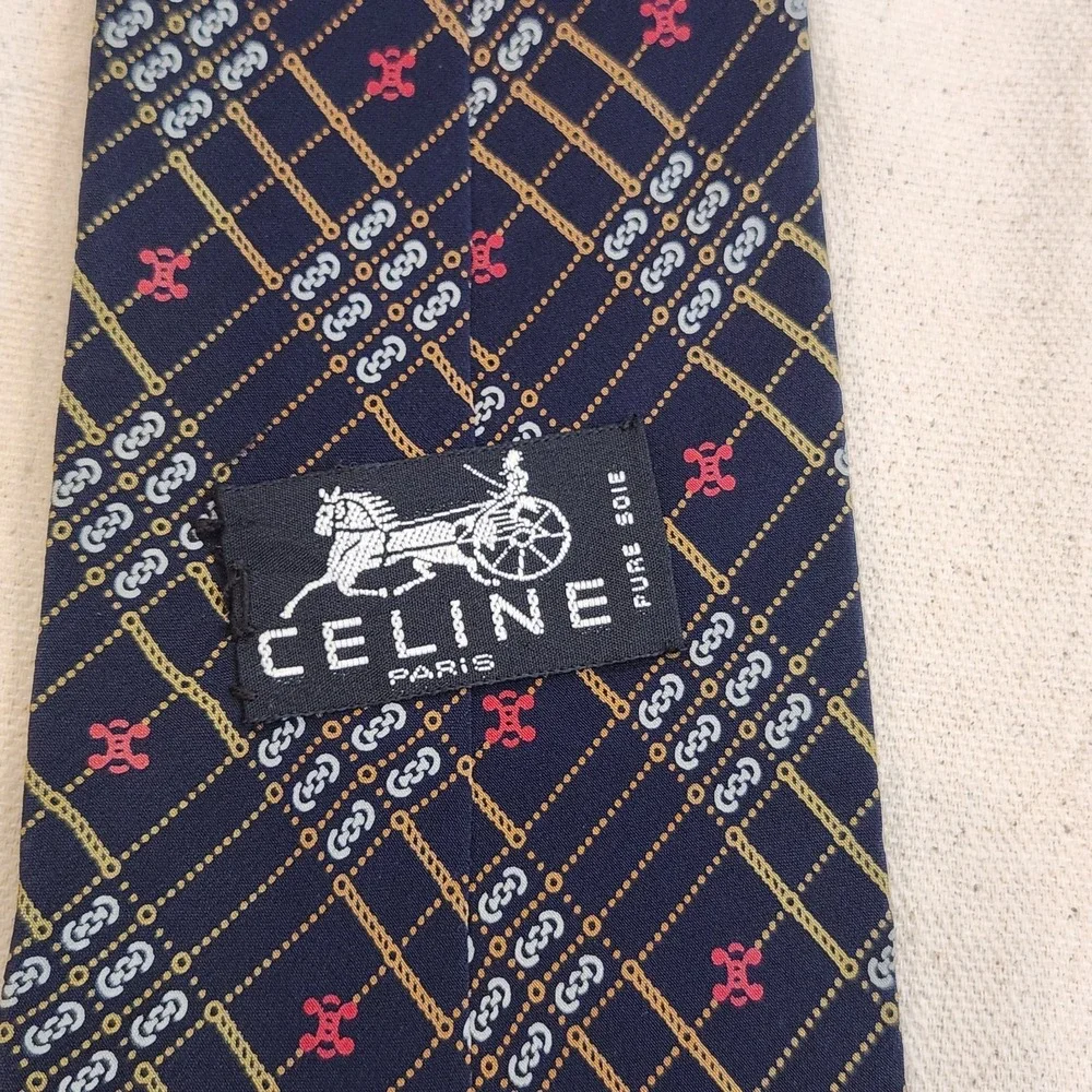 Vintage Celine Paris Silk Tie Navy Blue with Gold Chain & Sulky Horse Emblem